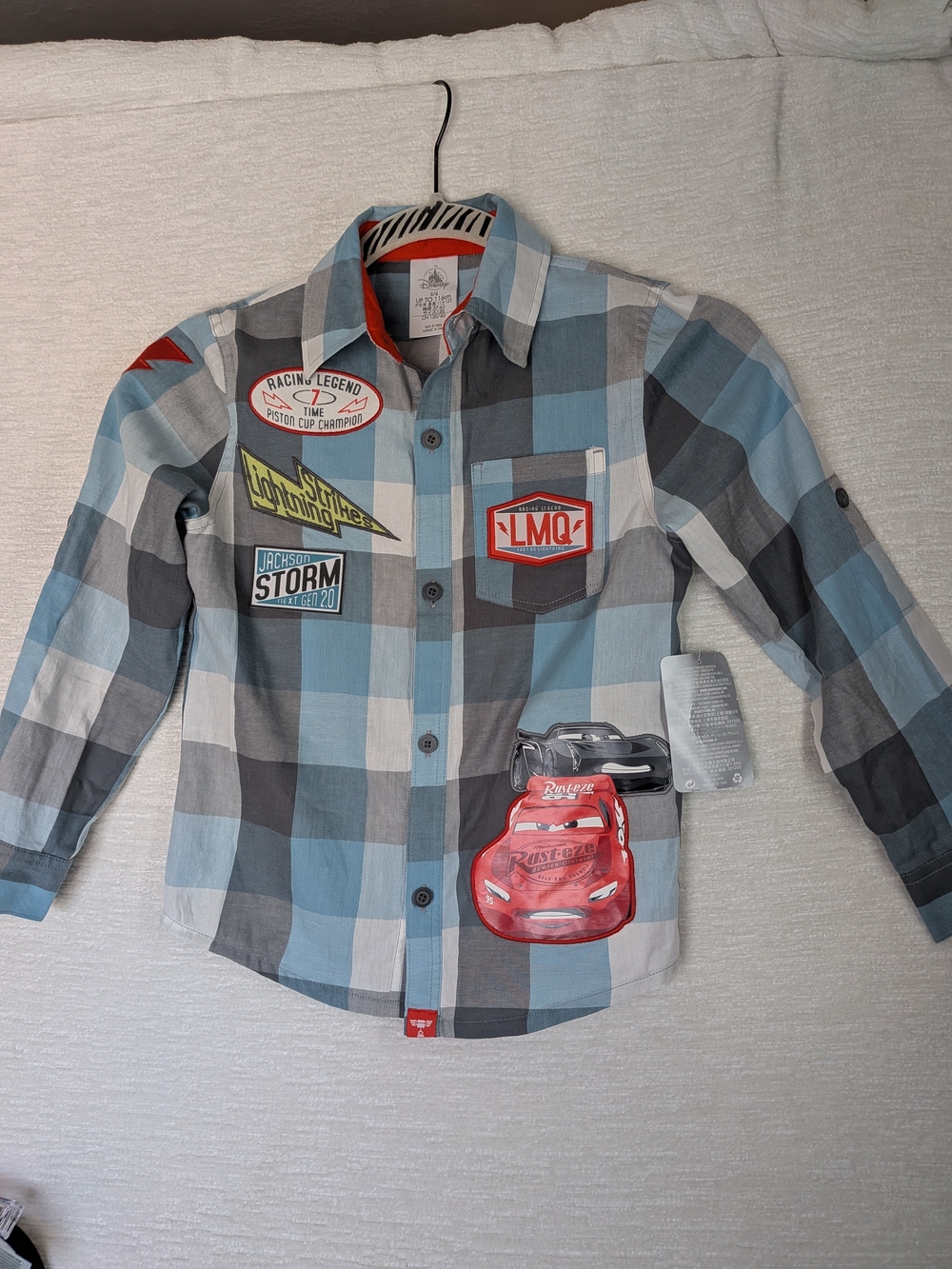 Disney Cars Lighting McQueen Blue & Gray Plaid Button-Down Shirt W Patches